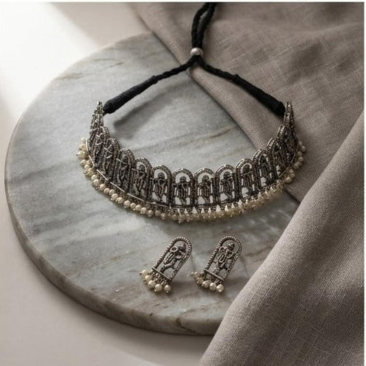 DIVYORO INTRICATE OXIDIZED SILVER KRISHNA MOTIF CHOKER SET