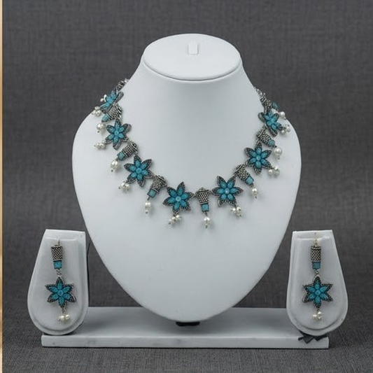 DIVYORO FLORAL BLUE STONE STATEMENT CHOKER SET