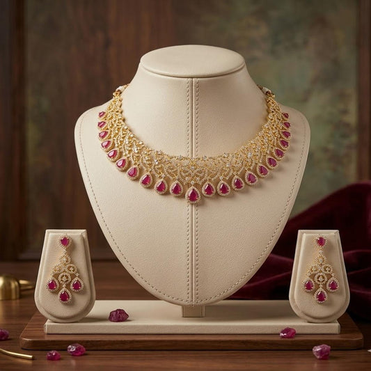 DIVYORO ELEGANT RUBY TEARDROP GOLD-PLATED NECKLACE SET