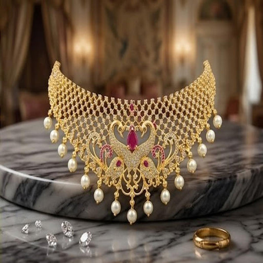 DIVYORO REGAL PEACOCK-DESIGNED PEARL AND STONE EMBELLISHED NECKLACE SET