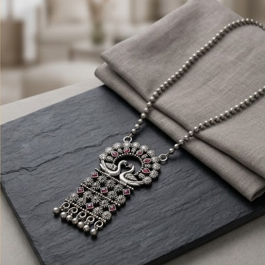 DIVYORO VINTAGE TWO-PEACOCK RED STONE PENDANT NECKLACE