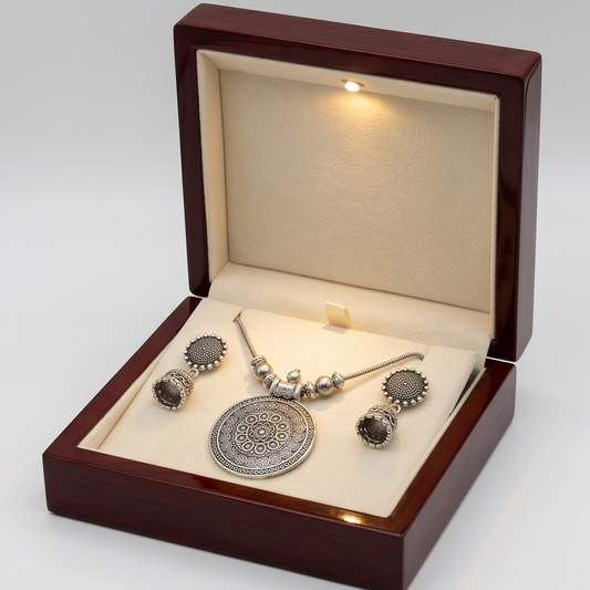 DIVYORO OXIDIZED SILVER MANDALA PENDANT CHAIN SET
