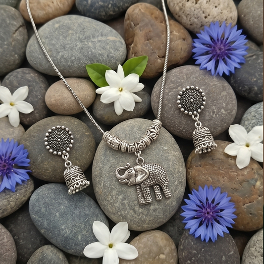 DIVYORO OXIDIZED SILVER ELEPHANT PENDANT CHAIN SET