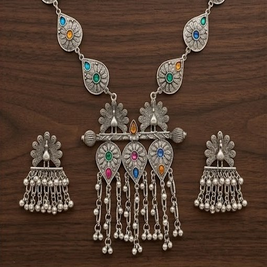 DIVYORO ORNATE OXIDIZED SILVER STATEMENT NECKLACE WITH MULTI-COLORED TEARDROP DROPS