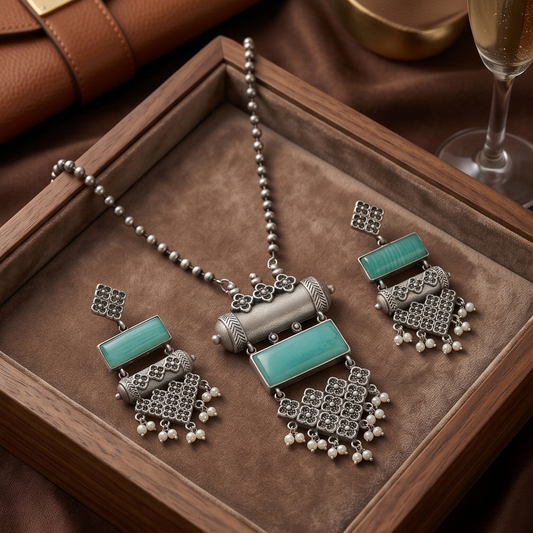 DIVYORO TURQUOISE RECTANGLE STATEMENT OXIDIZED NECKLACE AND EARRING SET