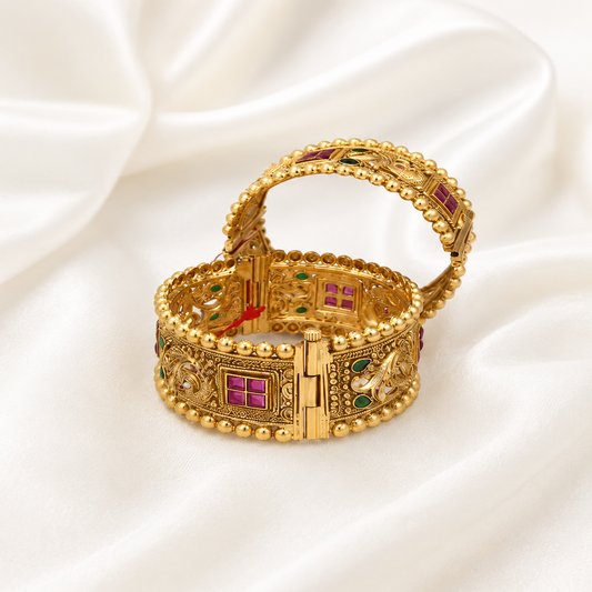 DIVYORO DETAILED ANTIQUE GOLD HINGED BANGLE WITH GEMSTONE AND ENAMEL DETAILING