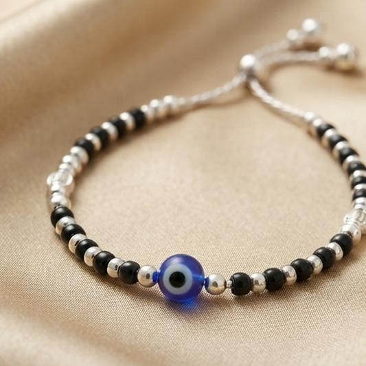 DIVYORO EVIL EYE SILVER BLACK BEADED ANKLET