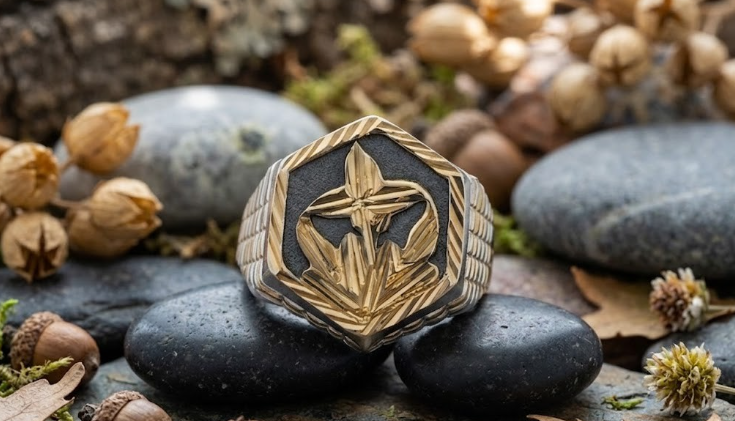 DIVYORO HEXAGONAL FLORAL-RELIEF SIGNET RING