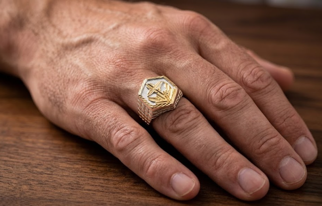 DIVYORO HEXAGONAL FLORAL-RELIEF SIGNET RING