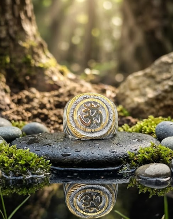 DIVYORO TWO-TONE OM SIGNET RING WITH TEXTURED BORDER