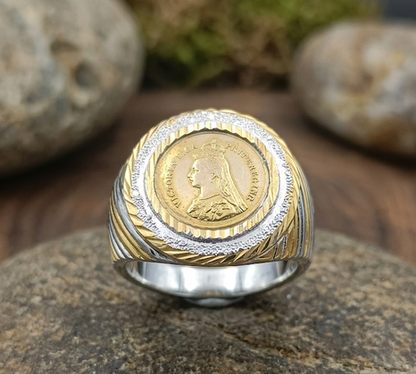 DIVYORO TWO-TONE SOVEREIGN COIN SIGNET RING