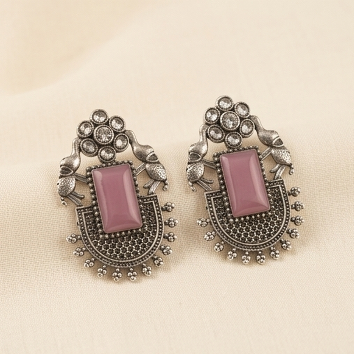 DIVYORO PINK STONE JHUMKA STUDS