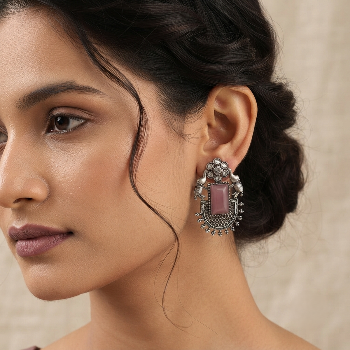 DIVYORO PINK STONE JHUMKA STUDS