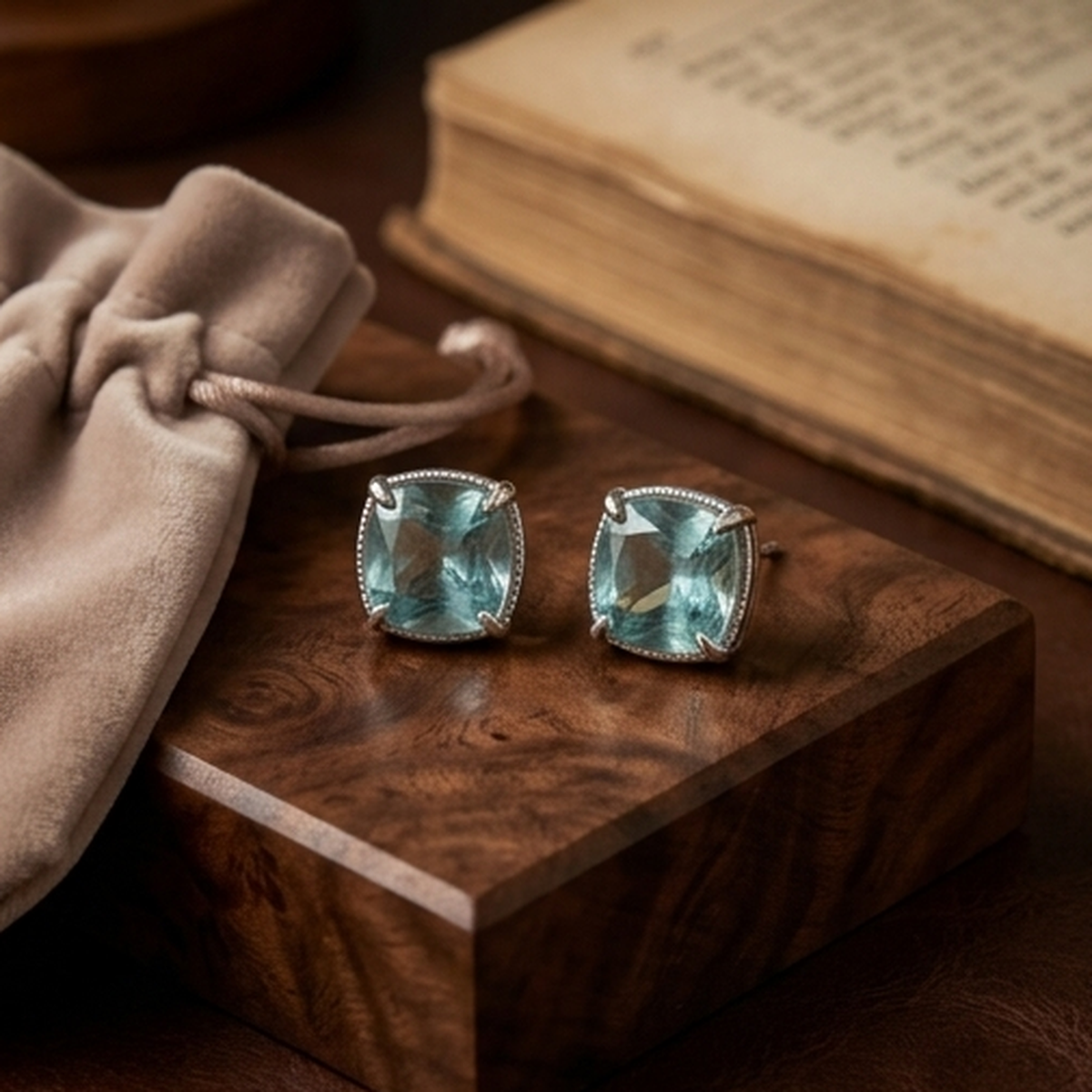 DIVYORO AQUAMARINE QUARTZ CUSHION STUDS