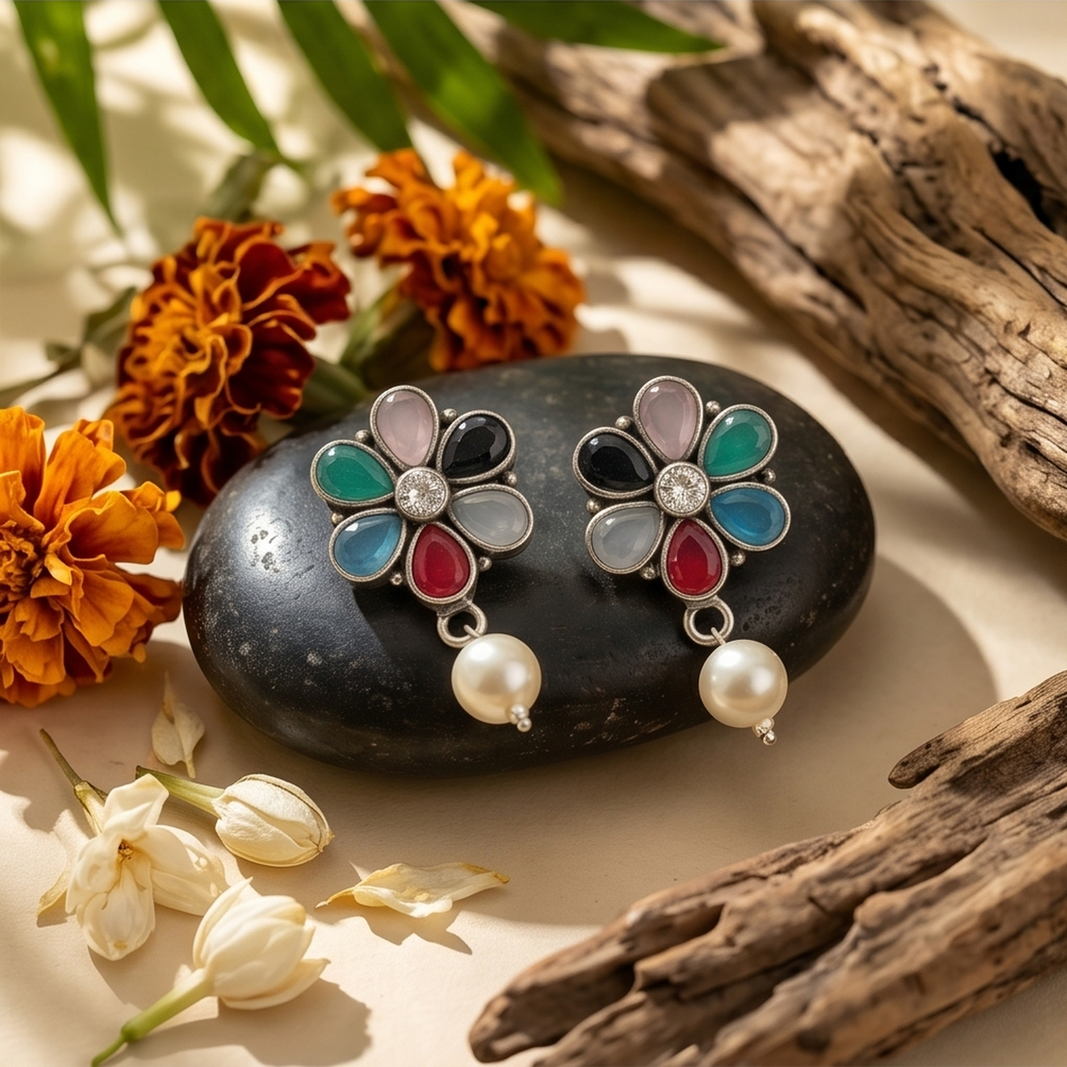 DIVYORO MULTICOLOR FLORAL PEARL STUDS