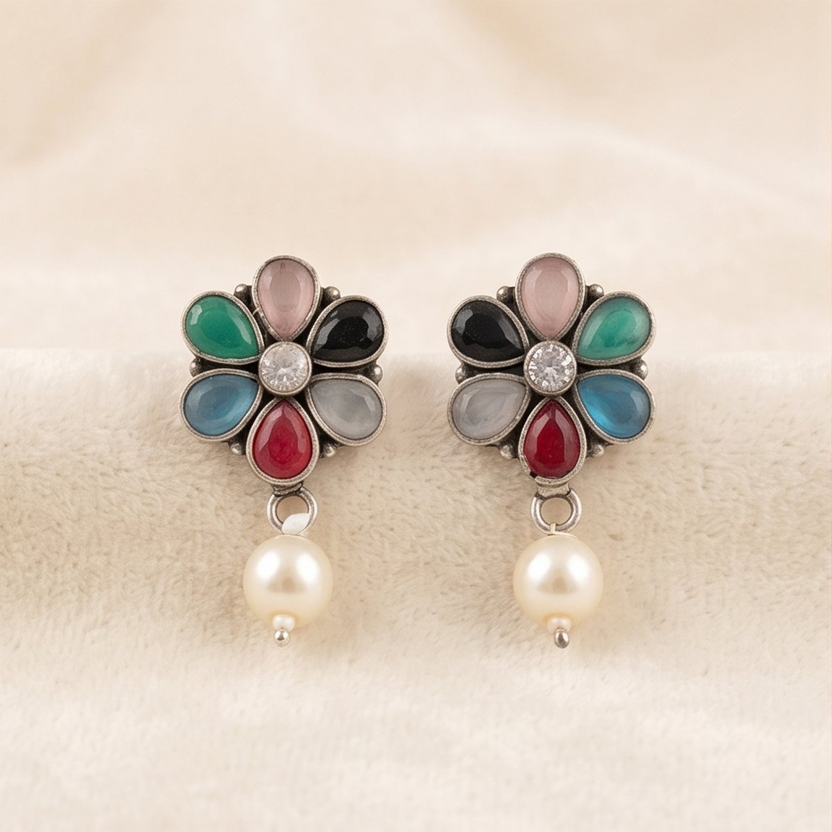 DIVYORO MULTICOLOR FLORAL PEARL STUDS