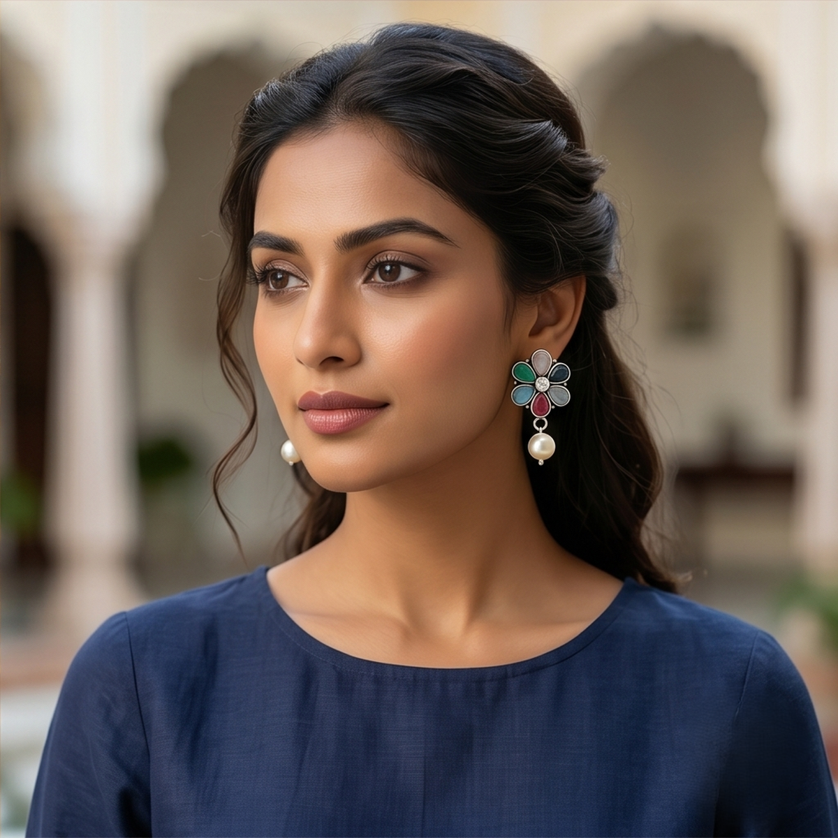 DIVYORO MULTICOLOR FLORAL PEARL STUDS