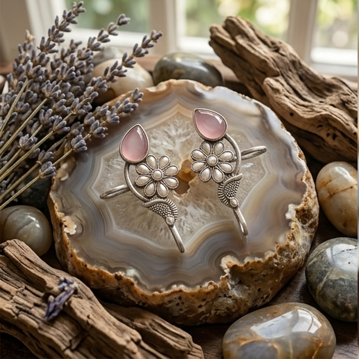 DIVYORO PINK QUARTZ FLOWER CUFFS