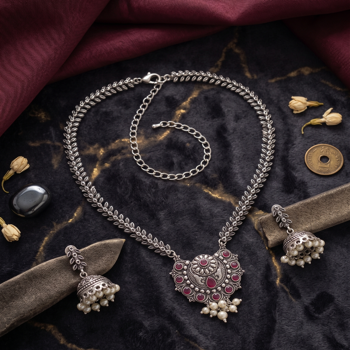 DIVYORO MAROON STONE FILIGREE HEART PENDANT NECKLACE WITH JHUMKA EARRINGS