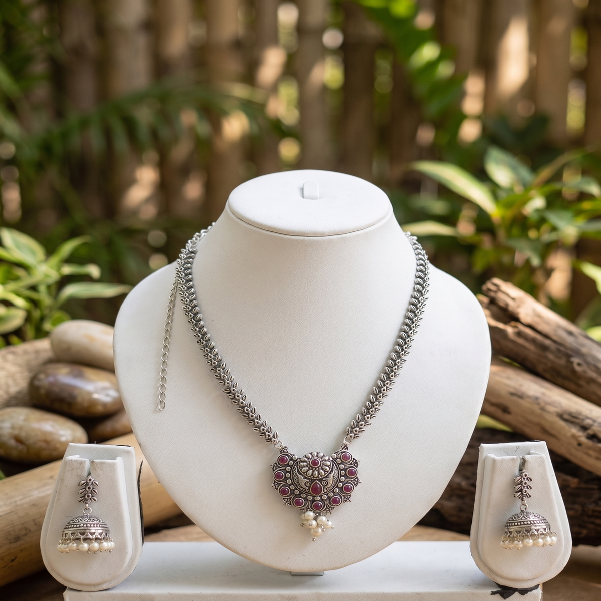 DIVYORO MAROON STONE FILIGREE HEART PENDANT NECKLACE WITH JHUMKA EARRINGS