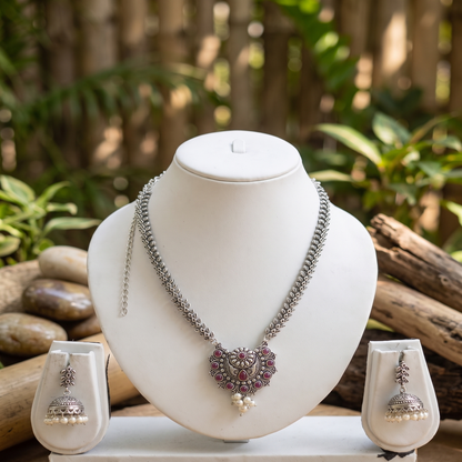 DIVYORO MAROON STONE FILIGREE HEART PENDANT NECKLACE WITH JHUMKA EARRINGS