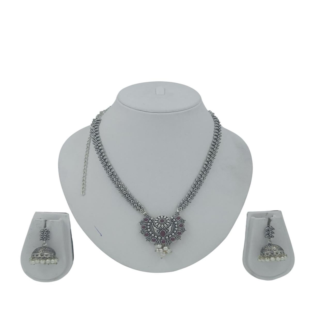 DIVYORO MAROON STONE FILIGREE HEART PENDANT NECKLACE WITH JHUMKA EARRINGS