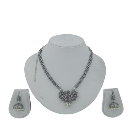 DIVYORO MAROON STONE FILIGREE HEART PENDANT NECKLACE WITH JHUMKA EARRINGS
