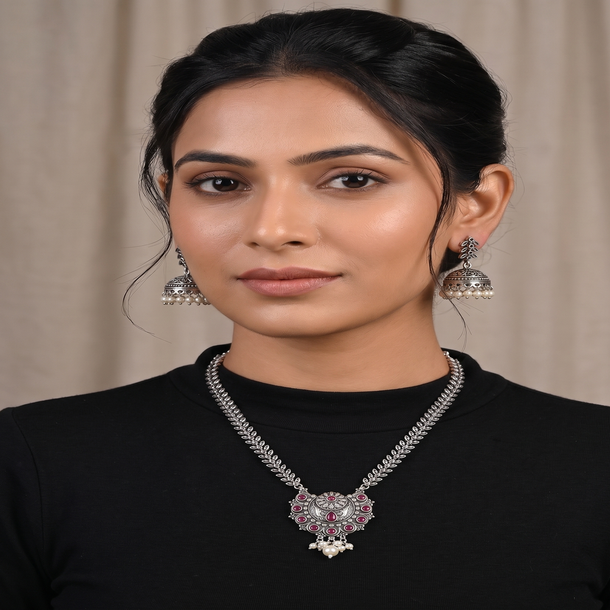 DIVYORO MAROON STONE FILIGREE HEART PENDANT NECKLACE WITH JHUMKA EARRINGS