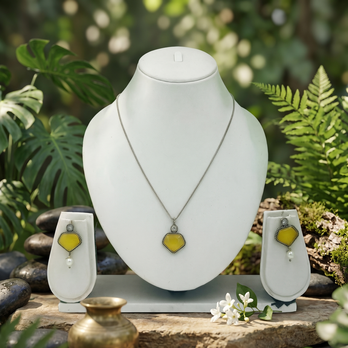 DIVYORO GEOMETRIC YELLOW STONE MINIMALIST PENDANT NECKLACE SET