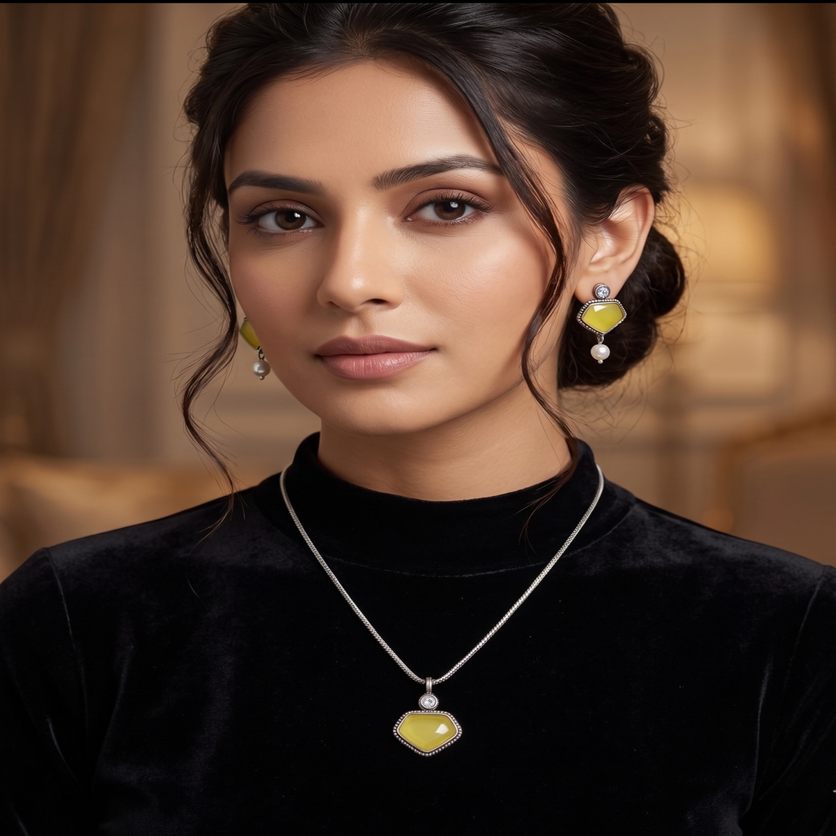 DIVYORO GEOMETRIC YELLOW STONE MINIMALIST PENDANT NECKLACE SET