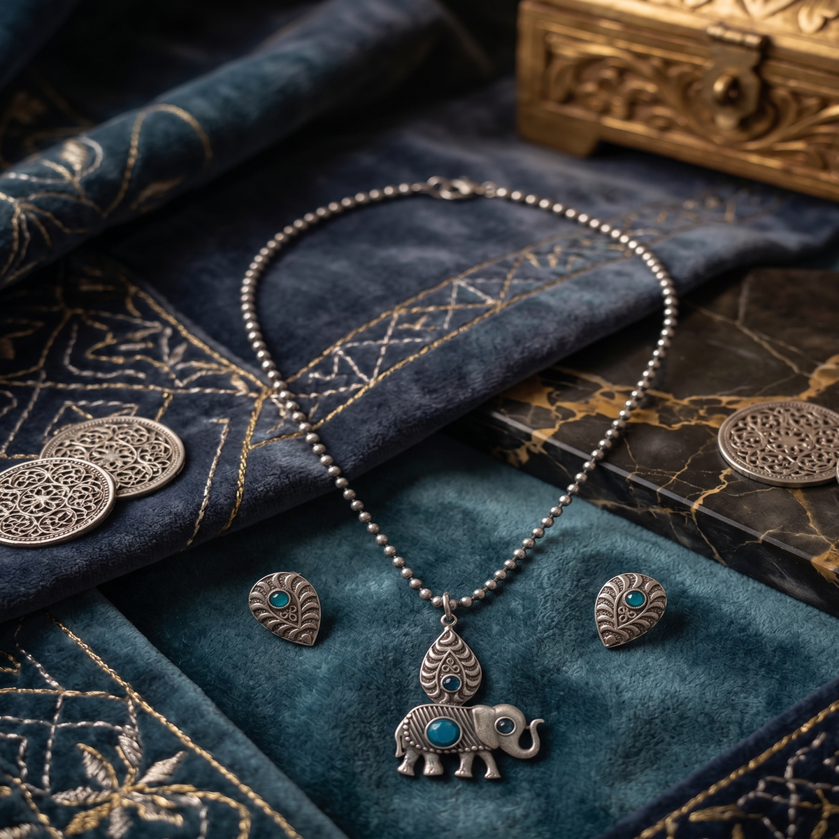 DIVYORO ELEPHANT MOTIF PENDANT NECKLACE SET WITH BLUE STONES
