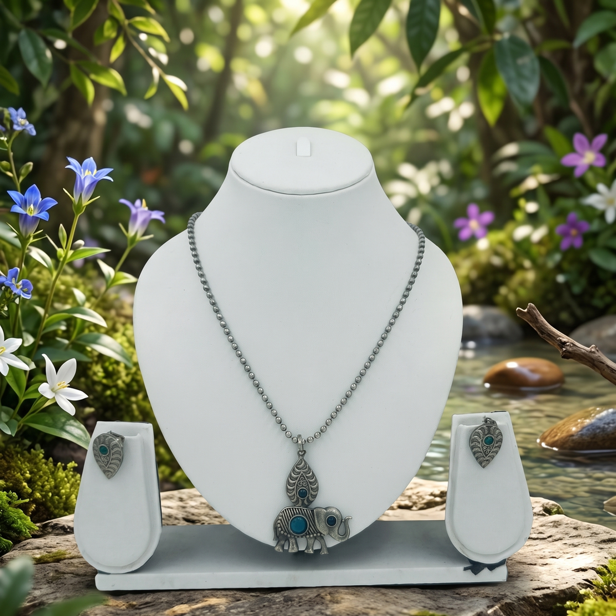DIVYORO ELEPHANT MOTIF PENDANT NECKLACE SET WITH BLUE STONES