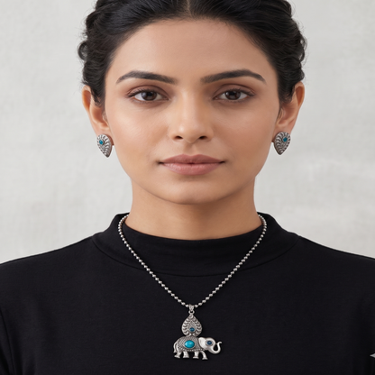 DIVYORO ELEPHANT MOTIF PENDANT NECKLACE SET WITH BLUE STONES
