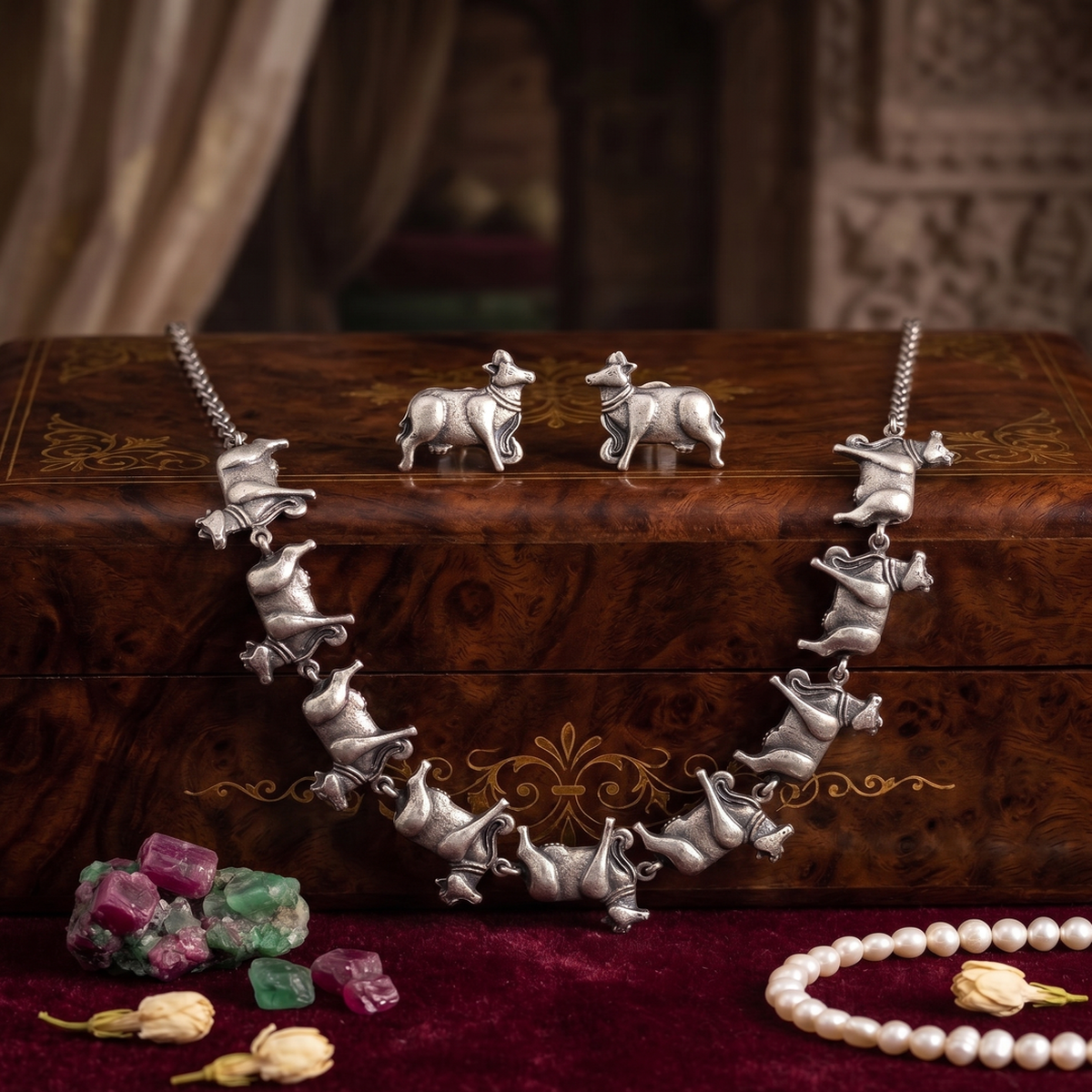 DIVYORO TRADITIONAL COW MOTIF OXIDIZED SILVER NECKLACE SET