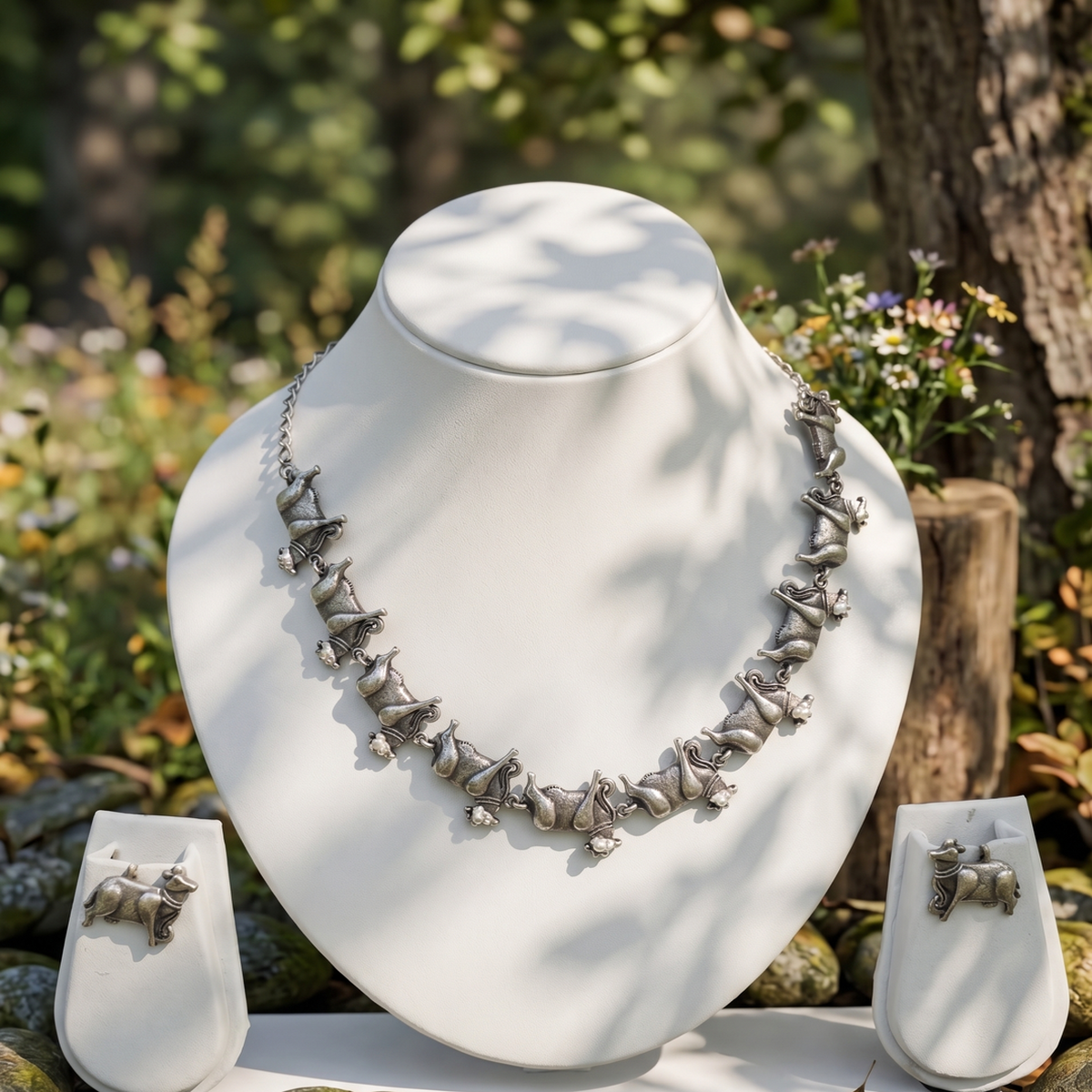 DIVYORO TRADITIONAL COW MOTIF OXIDIZED SILVER NECKLACE SET