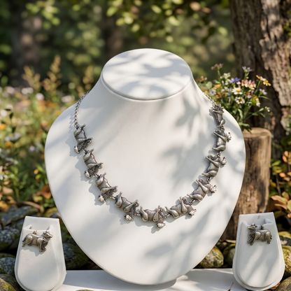 DIVYORO TRADITIONAL COW MOTIF OXIDIZED SILVER NECKLACE SET