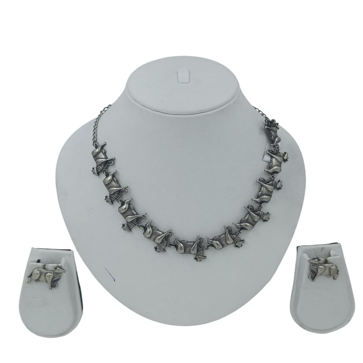 DIVYORO TRADITIONAL COW MOTIF OXIDIZED SILVER NECKLACE SET