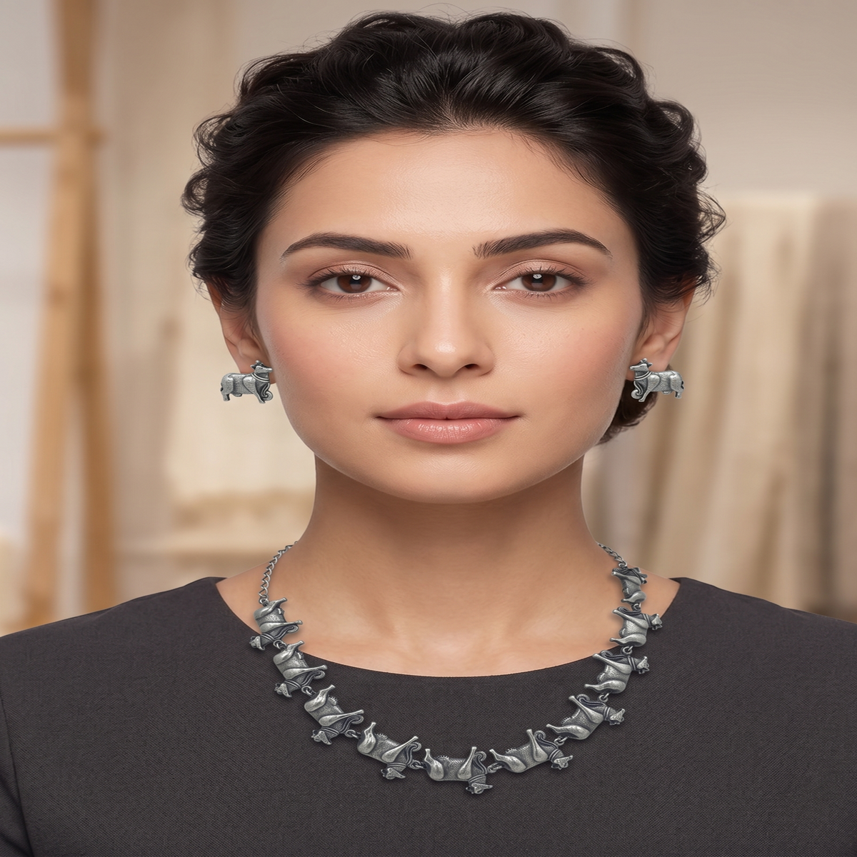 DIVYORO TRADITIONAL COW MOTIF OXIDIZED SILVER NECKLACE SET