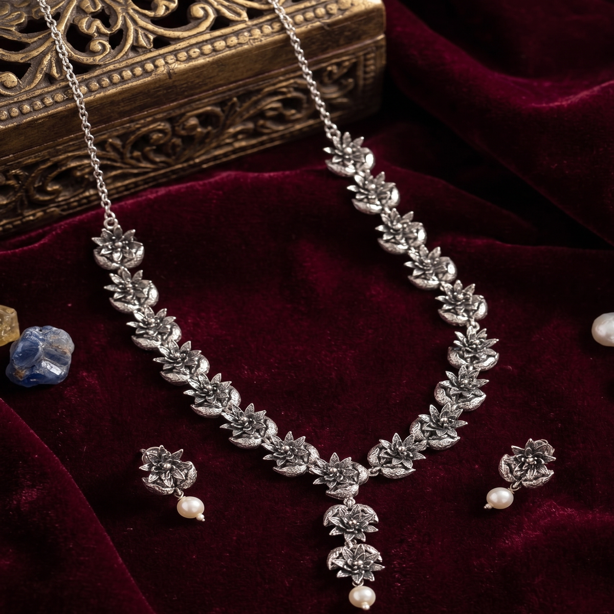 DIVYORO FLORAL CLUSTER OXIDIZED SILVER NECKLACE SET WITH PEARL DROP