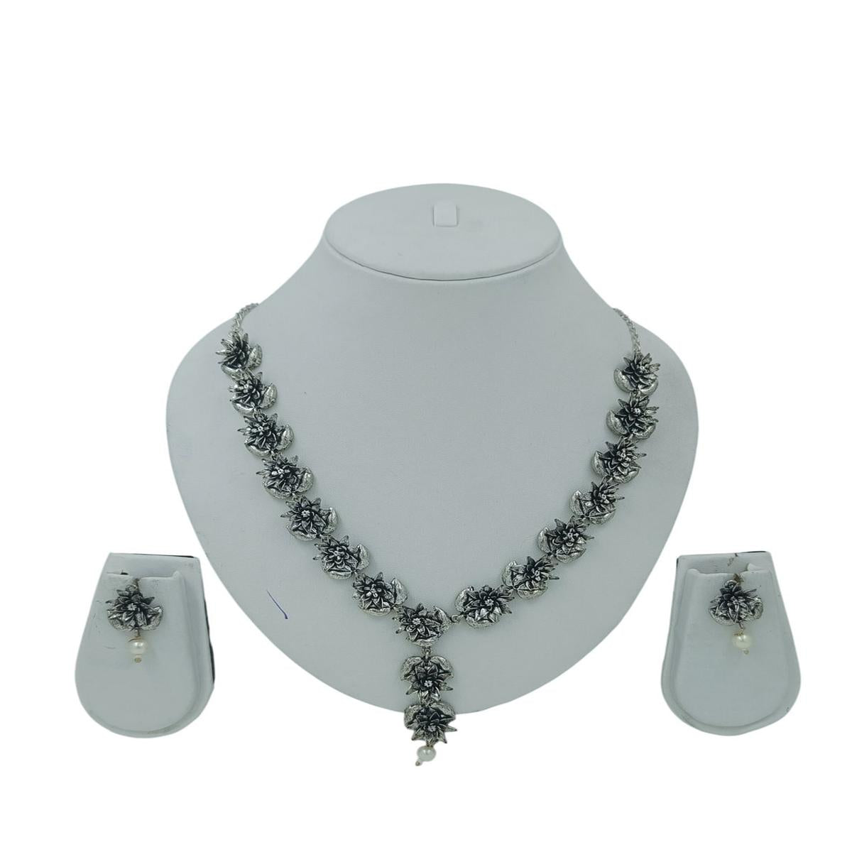 DIVYORO FLORAL CLUSTER OXIDIZED SILVER NECKLACE SET WITH PEARL DROP