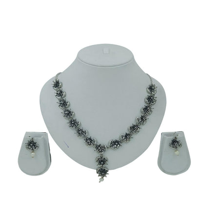 DIVYORO FLORAL CLUSTER OXIDIZED SILVER NECKLACE SET WITH PEARL DROP