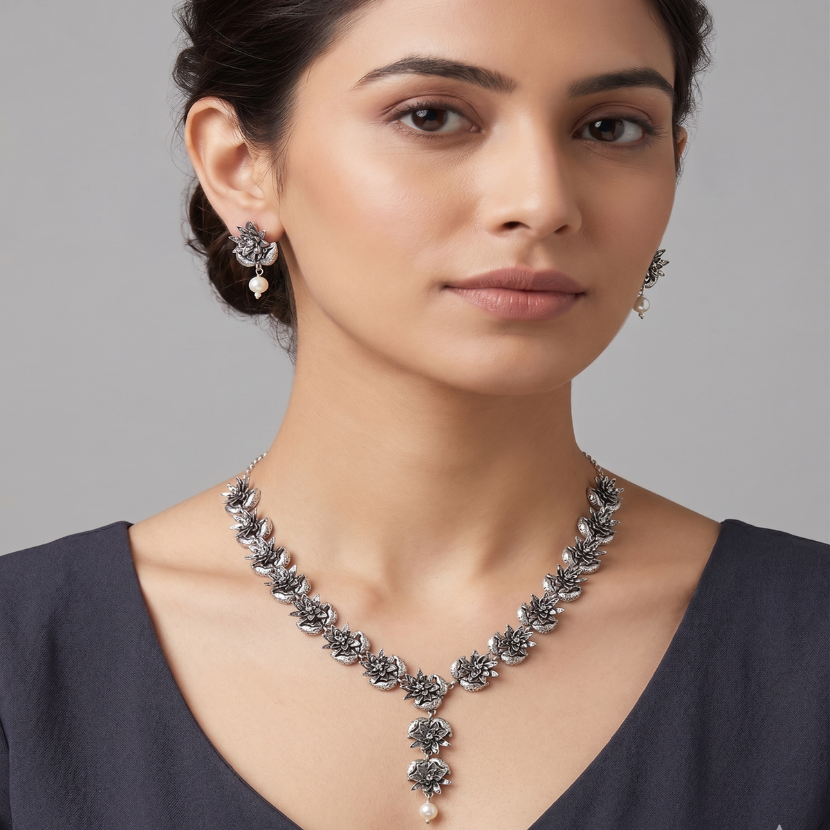 DIVYORO FLORAL CLUSTER OXIDIZED SILVER NECKLACE SET WITH PEARL DROP