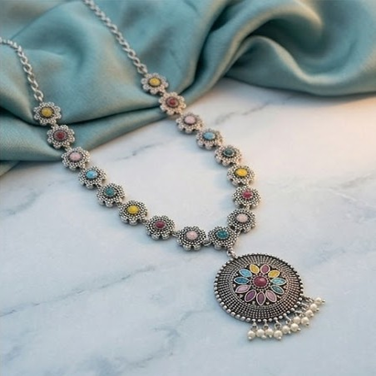 DIVYORO MULTI-COLOR FLORAL MEDALLION LONG NECKLACE SET