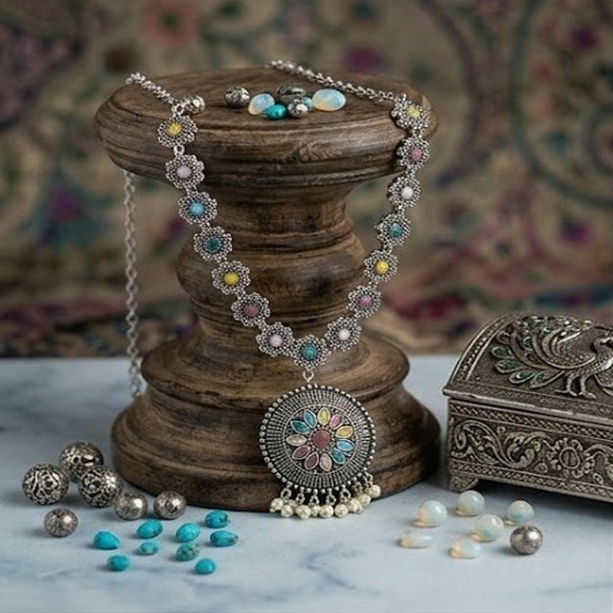 DIVYORO MULTI-COLOR FLORAL MEDALLION LONG NECKLACE SET