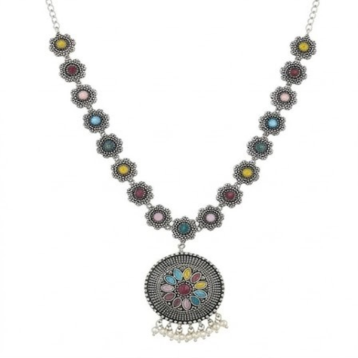 DIVYORO MULTI-COLOR FLORAL MEDALLION LONG NECKLACE SET