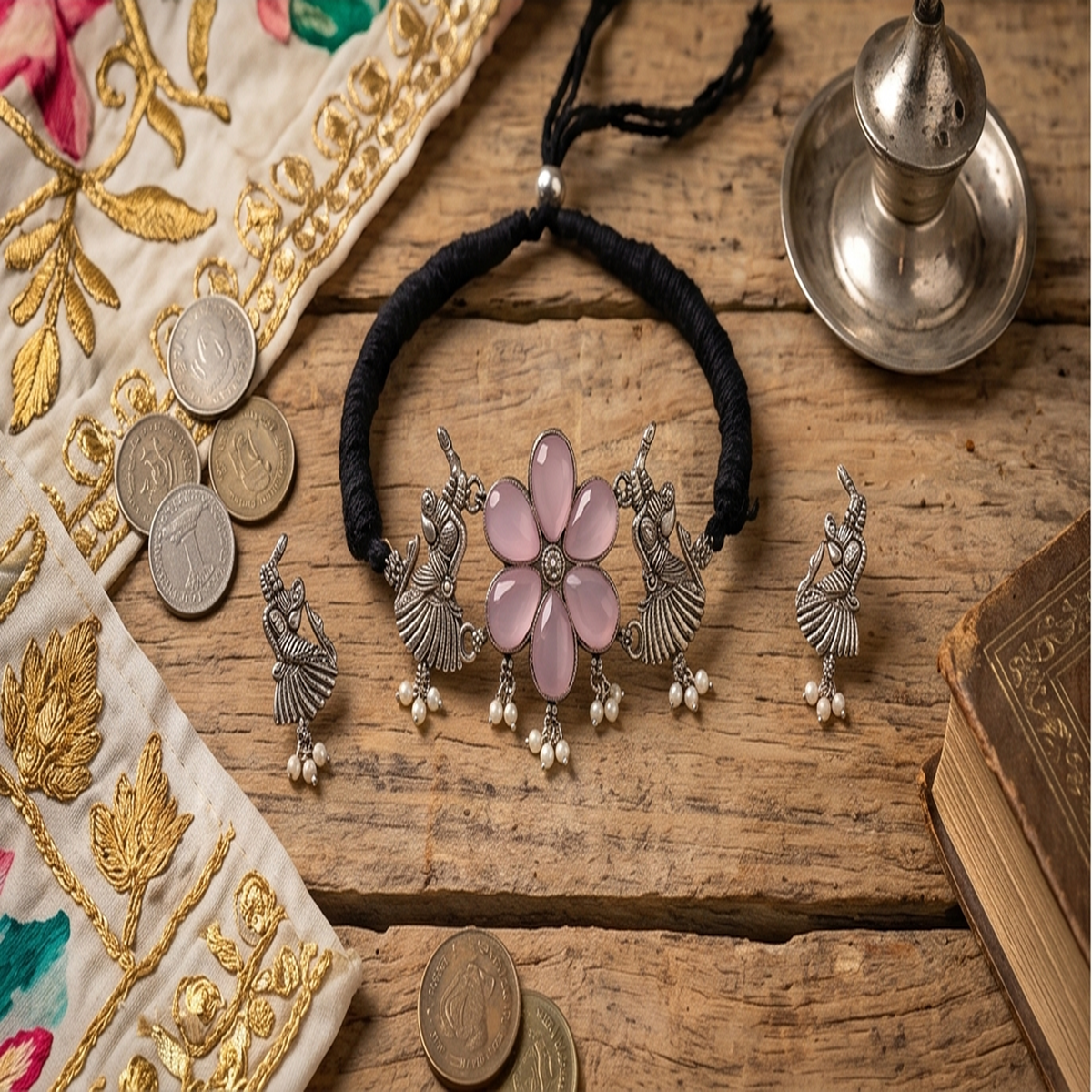 DIVYORO FLORAL MOTIF PINK STONE OXIDIZED SILVER CHOKER SET