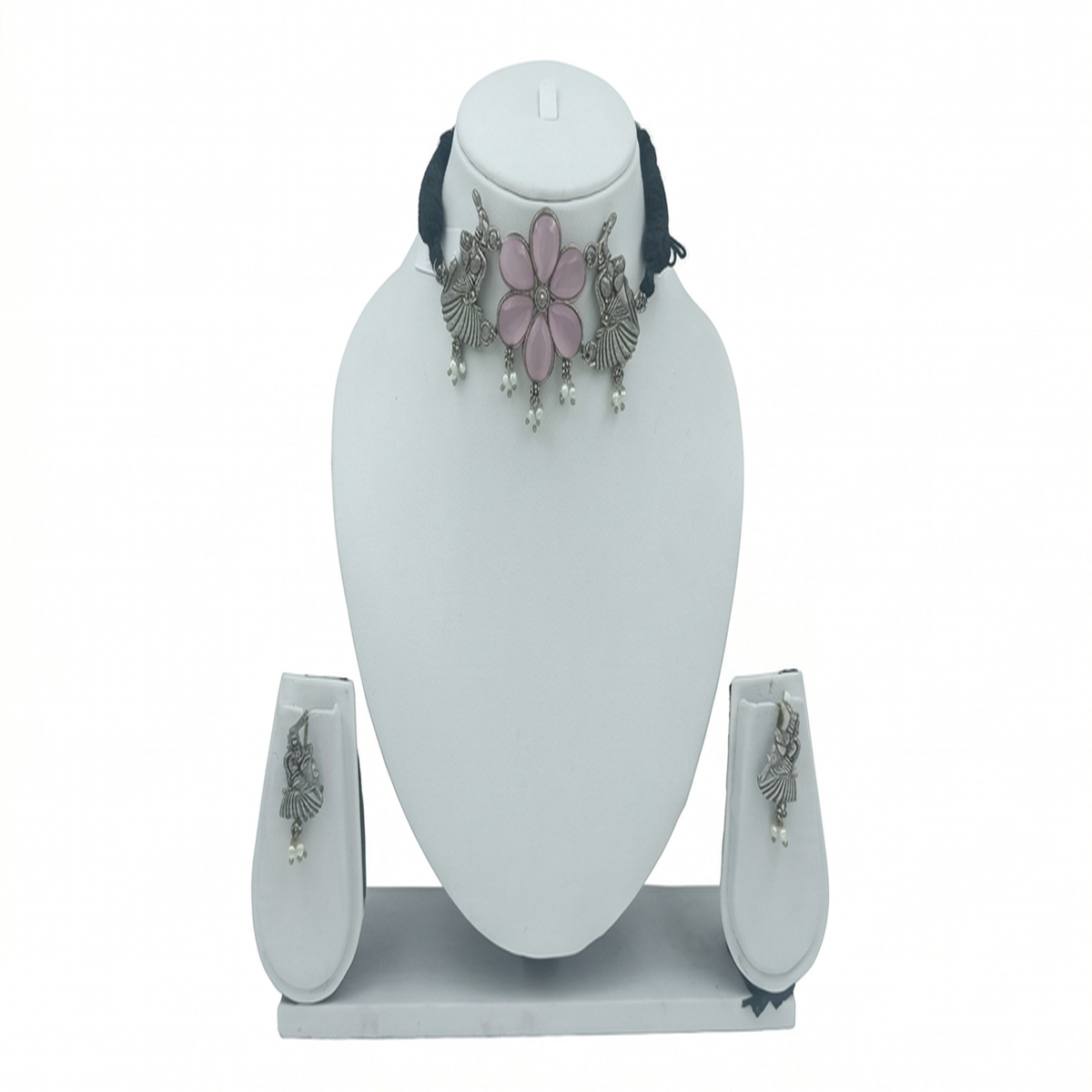 DIVYORO FLORAL MOTIF PINK STONE OXIDIZED SILVER CHOKER SET