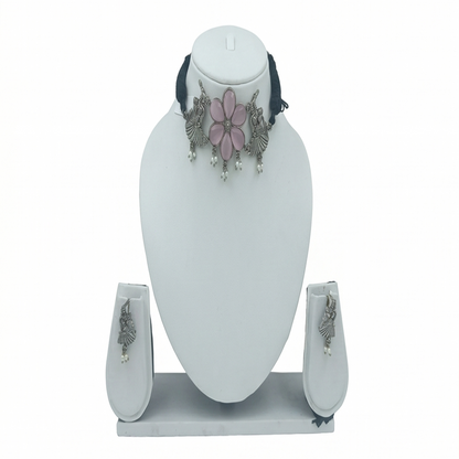DIVYORO FLORAL MOTIF PINK STONE OXIDIZED SILVER CHOKER SET