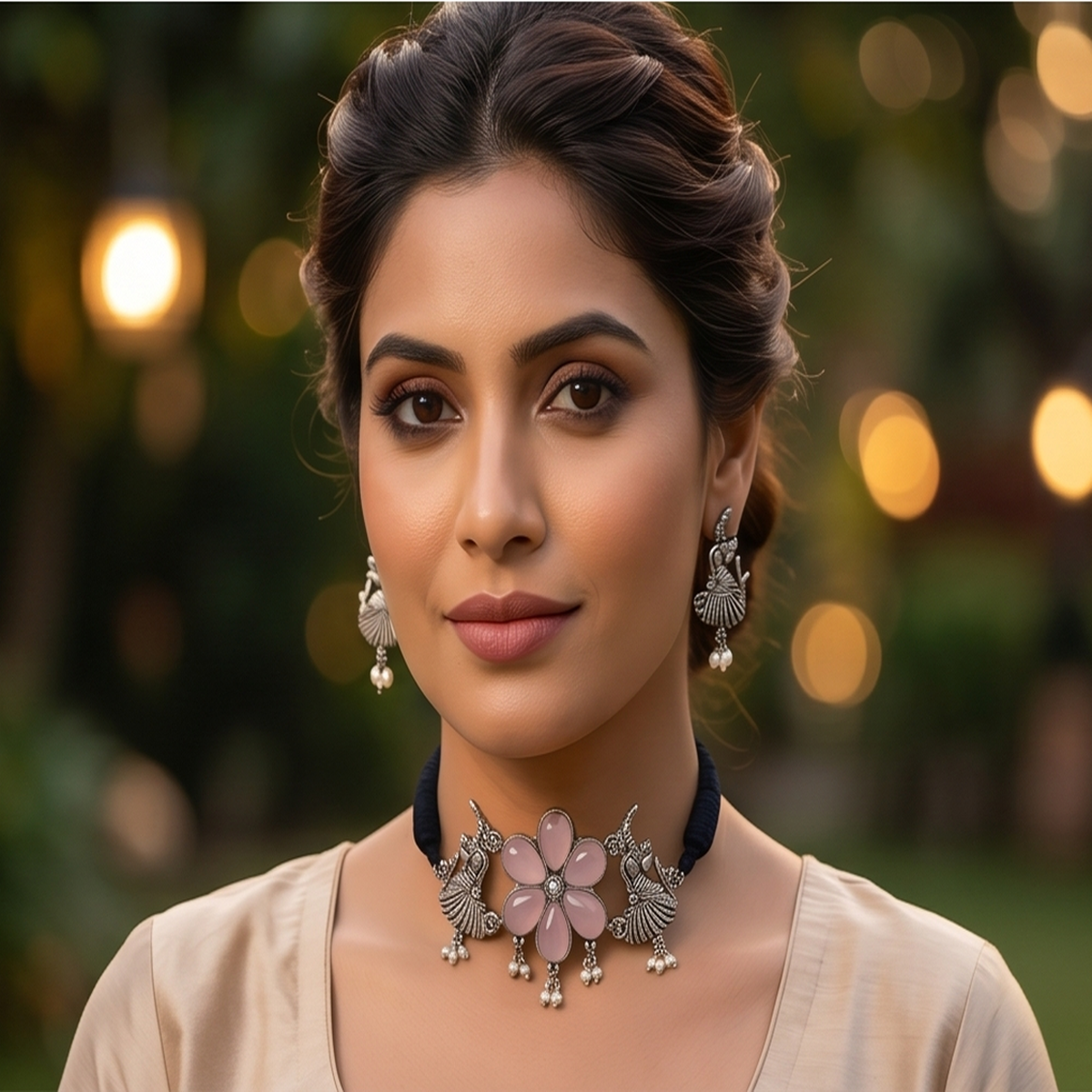 DIVYORO FLORAL MOTIF PINK STONE OXIDIZED SILVER CHOKER SET