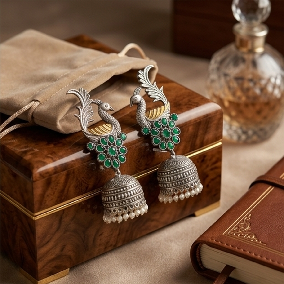 DIVYORO EMERALD PEACOCK JHUMKA EARRINGS